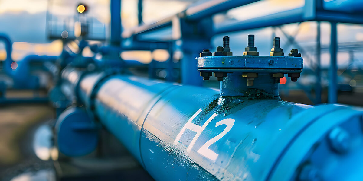 Close-up of a blue hydrogen pipeline marked ‘H2’ showcasing ener